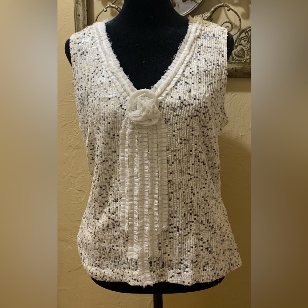 David Meister Sequined Top With Rosette & Ruffles Size 10